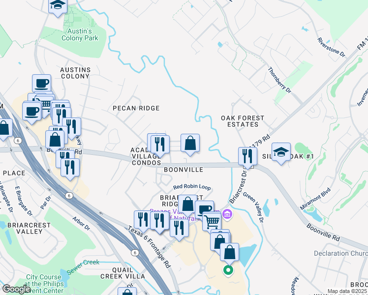 map of restaurants, bars, coffee shops, grocery stores, and more near 2613 Pecan Ridge Drive in Bryan