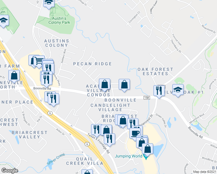 map of restaurants, bars, coffee shops, grocery stores, and more near 2601 Pecan Ridge Drive in Bryan