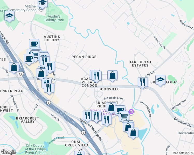map of restaurants, bars, coffee shops, grocery stores, and more near 2506 Pecan Ridge Drive in Bryan