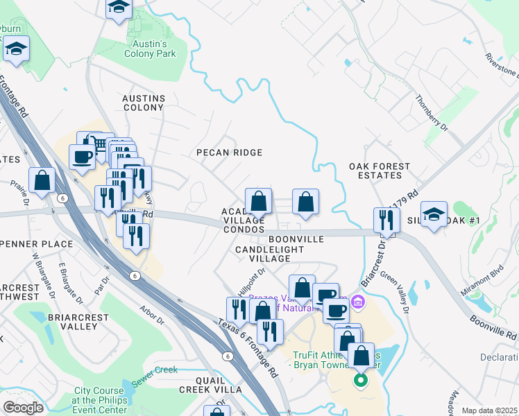 map of restaurants, bars, coffee shops, grocery stores, and more near 2506 Pecan Ridge Drive in Bryan