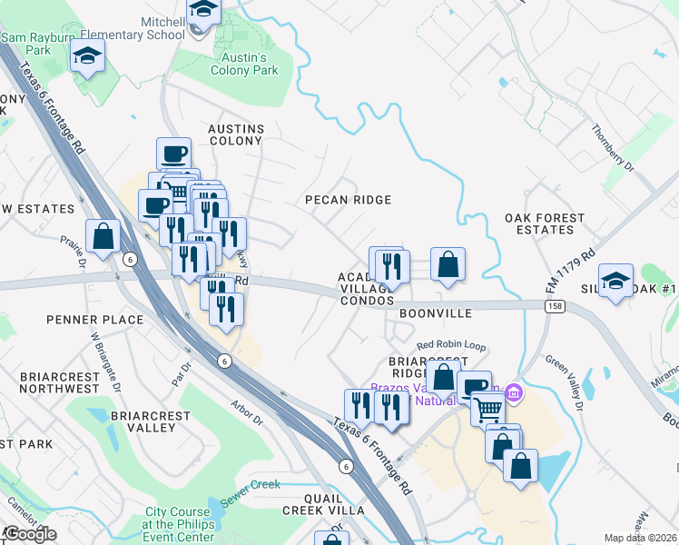 map of restaurants, bars, coffee shops, grocery stores, and more near 3504 Curtis Street in Bryan