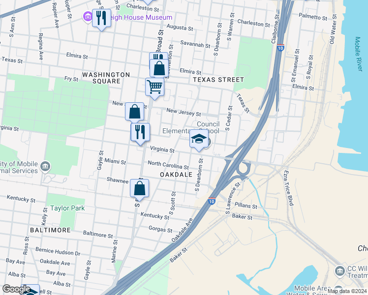 map of restaurants, bars, coffee shops, grocery stores, and more near 735 South Washington Avenue in Mobile