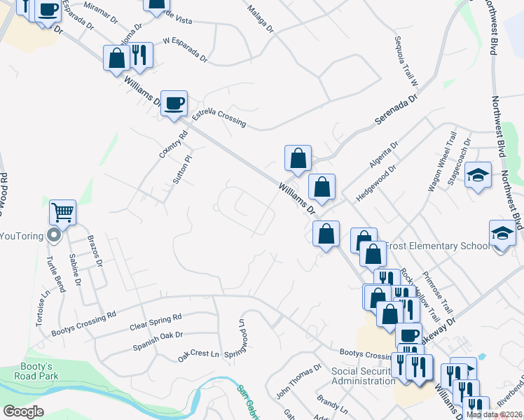 map of restaurants, bars, coffee shops, grocery stores, and more near 103 Axis Loop in Georgetown