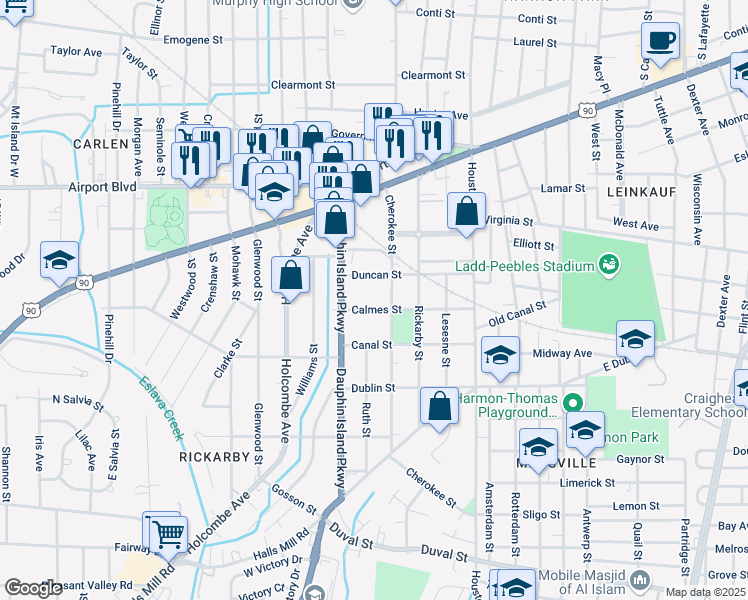 map of restaurants, bars, coffee shops, grocery stores, and more near 1960 Calmes Street in Mobile