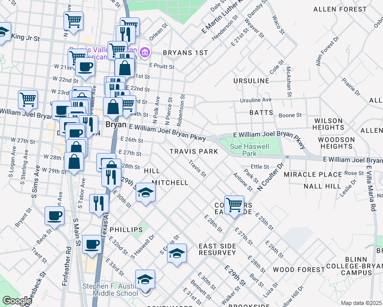 map of restaurants, bars, coffee shops, grocery stores, and more near 1100 East 25th Street in Bryan
