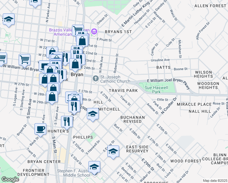 map of restaurants, bars, coffee shops, grocery stores, and more near 1513 Baker Avenue in Bryan