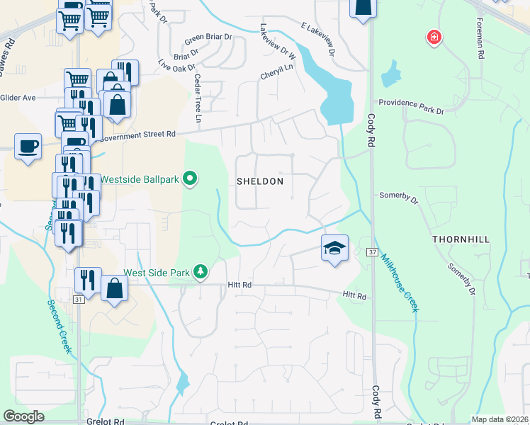 map of restaurants, bars, coffee shops, grocery stores, and more near 7363 Willow Bridge Drive South in Mobile