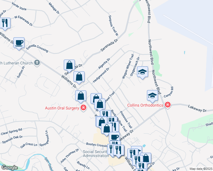 map of restaurants, bars, coffee shops, grocery stores, and more near 111 Verna Spur in Georgetown