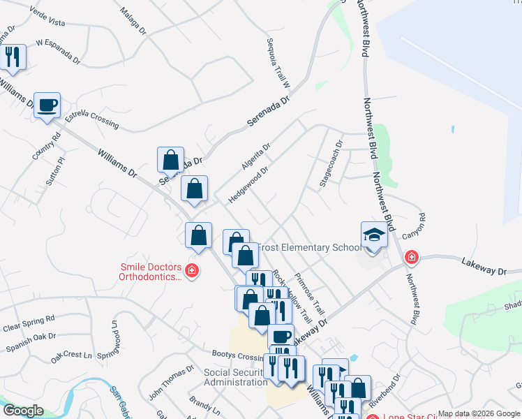 map of restaurants, bars, coffee shops, grocery stores, and more near 3700 Buffalo Springs Trail in Georgetown
