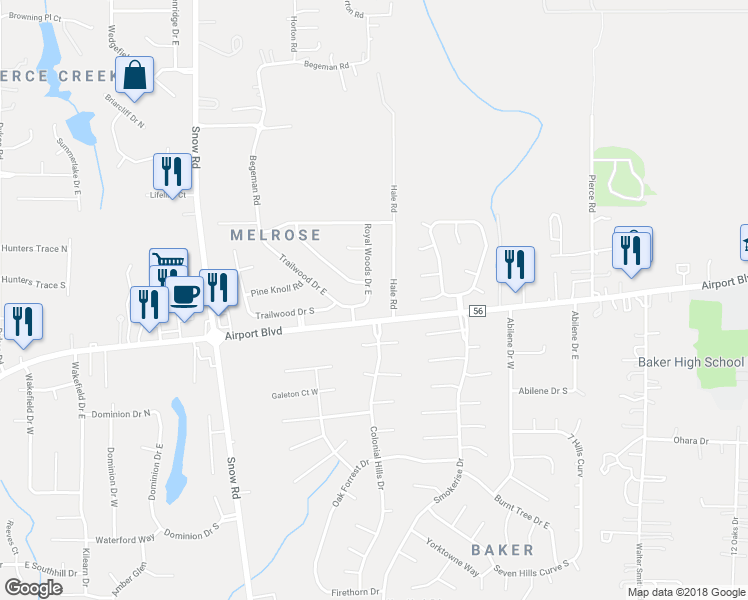 map of restaurants, bars, coffee shops, grocery stores, and more near 835 Royal Woods Drive East in Mobile