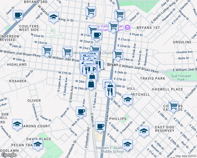 map of restaurants, bars, coffee shops, grocery stores, and more near 201-299 Regent Street in Bryan