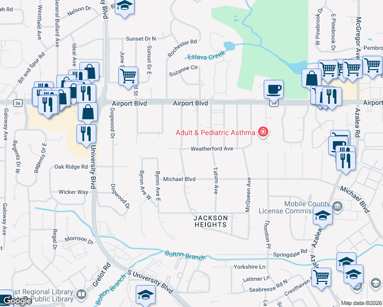 map of restaurants, bars, coffee shops, grocery stores, and more near 4451 Weatherford Avenue in Mobile