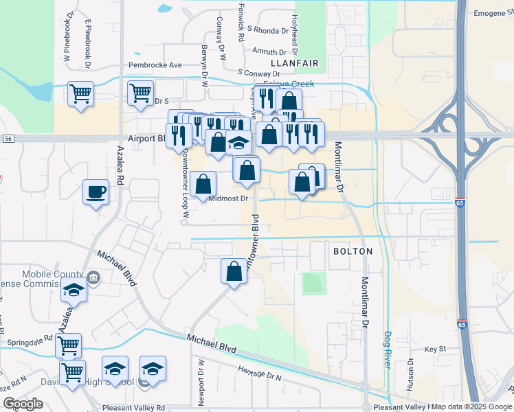 map of restaurants, bars, coffee shops, grocery stores, and more near 797 Downtowner Blvd in Mobile