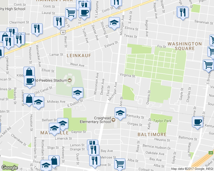 map of restaurants, bars, coffee shops, grocery stores, and more near 554 Flint Street in Mobile