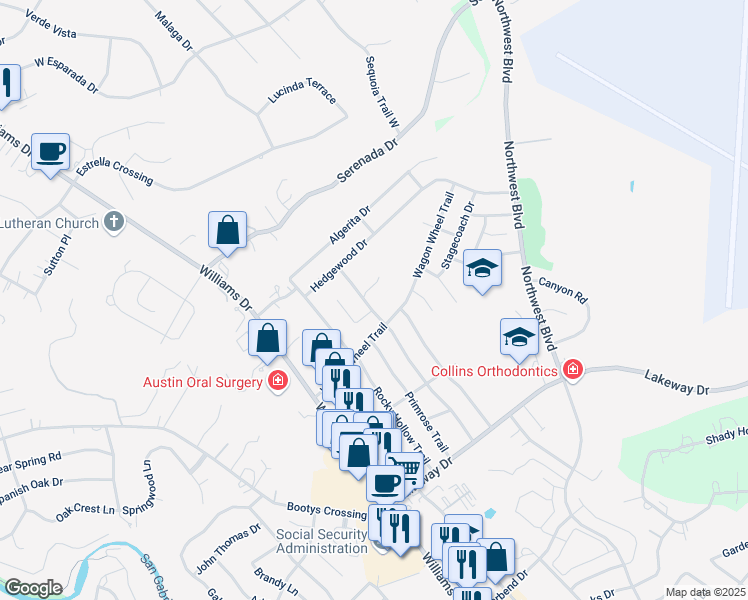 map of restaurants, bars, coffee shops, grocery stores, and more near 3603 Buffalo Springs Trail in Georgetown
