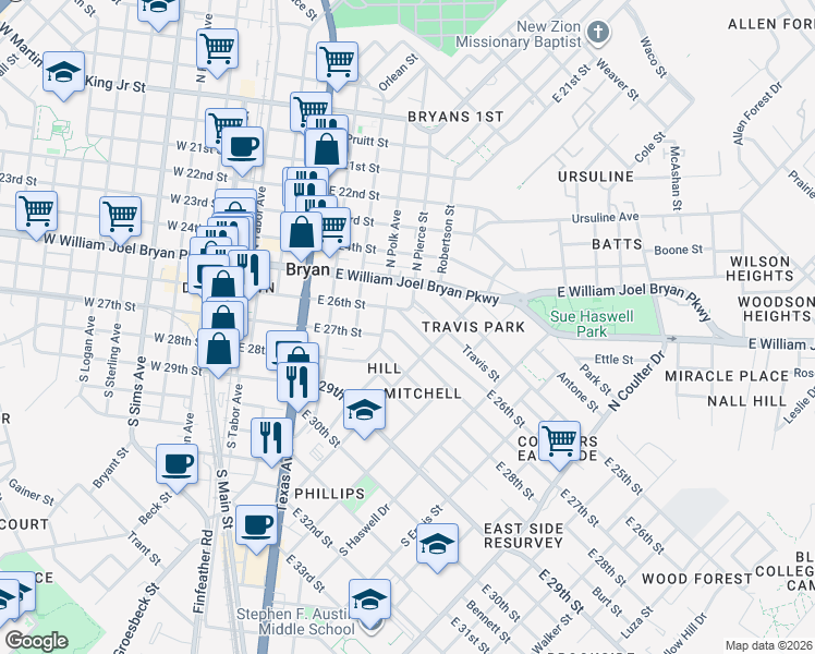 map of restaurants, bars, coffee shops, grocery stores, and more near 712 East 27th Street in Bryan