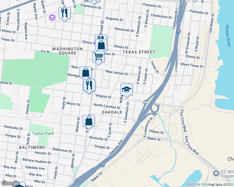 map of restaurants, bars, coffee shops, grocery stores, and more near 735 South Washington Avenue in Mobile