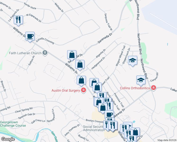 map of restaurants, bars, coffee shops, grocery stores, and more near 3727 Williams Drive in Georgetown