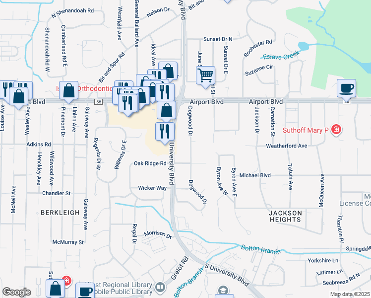 map of restaurants, bars, coffee shops, grocery stores, and more near 316 Dogwood Drive in Mobile