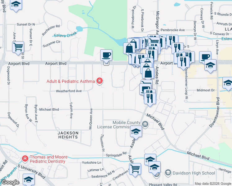 map of restaurants, bars, coffee shops, grocery stores, and more near 304 Bomar Place in Mobile
