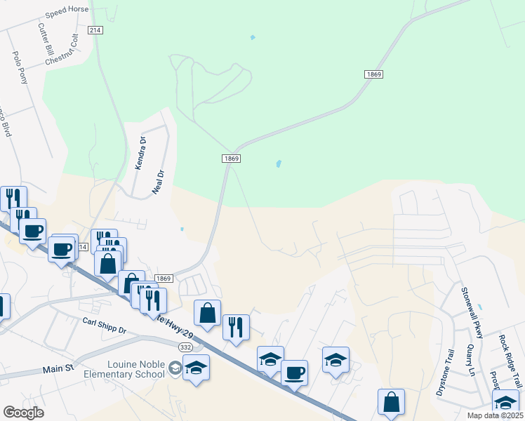 map of restaurants, bars, coffee shops, grocery stores, and more near 121 Vineyard Road in Liberty Hill