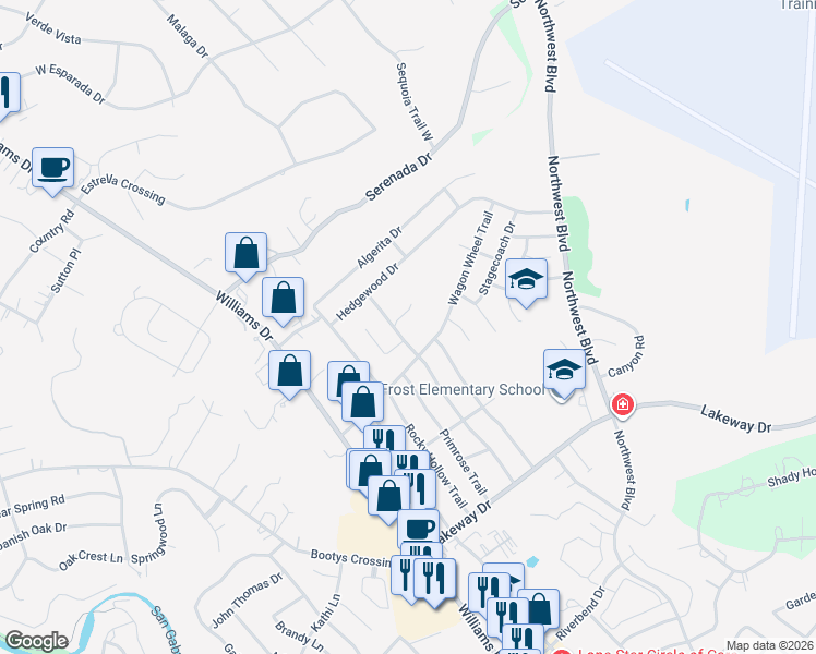 map of restaurants, bars, coffee shops, grocery stores, and more near 3603 Buffalo Springs Trail in Georgetown
