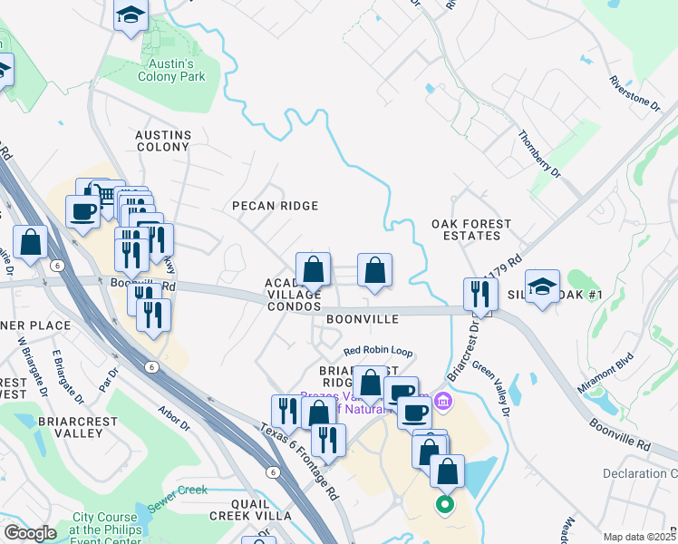 map of restaurants, bars, coffee shops, grocery stores, and more near 2600 Pecan Knoll Street in Bryan