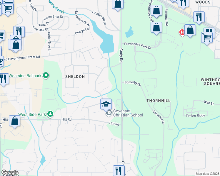 map of restaurants, bars, coffee shops, grocery stores, and more near 7157 Burning Tree Court in Mobile