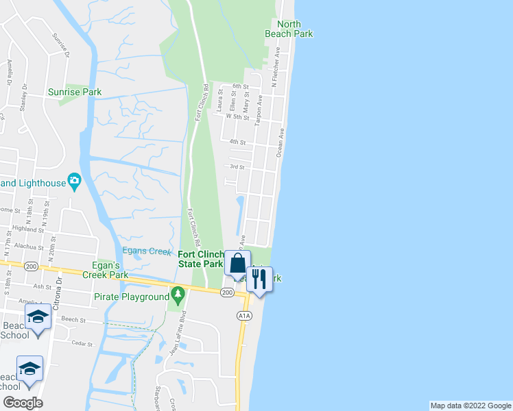 map of restaurants, bars, coffee shops, grocery stores, and more near 431 North Fletcher Avenue in Fernandina Beach