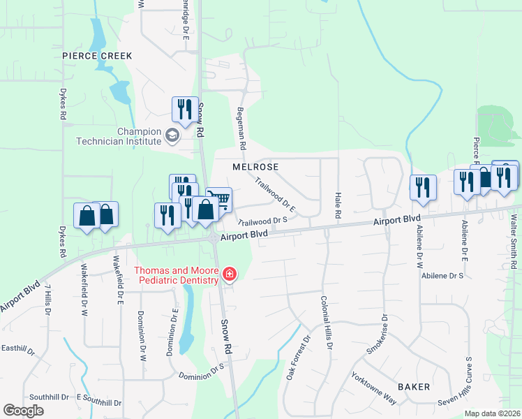 map of restaurants, bars, coffee shops, grocery stores, and more near 9730 Trailwood Drive South in Mobile