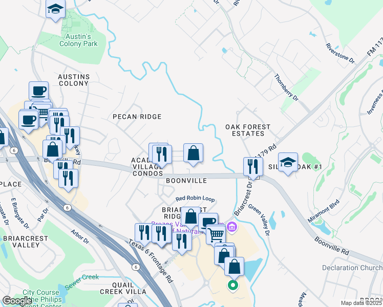 map of restaurants, bars, coffee shops, grocery stores, and more near 2613 Pecan Ridge Drive in Bryan