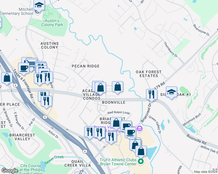 map of restaurants, bars, coffee shops, grocery stores, and more near 2601 Pecan Ridge Drive in Bryan
