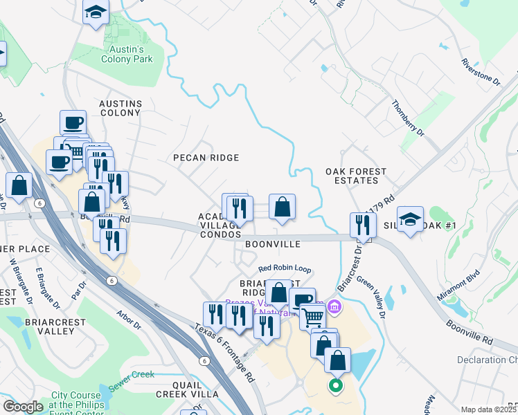 map of restaurants, bars, coffee shops, grocery stores, and more near 2601 Pecan Ridge Drive in Bryan