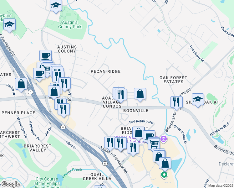 map of restaurants, bars, coffee shops, grocery stores, and more near 2506 Pecan Ridge Drive in Bryan