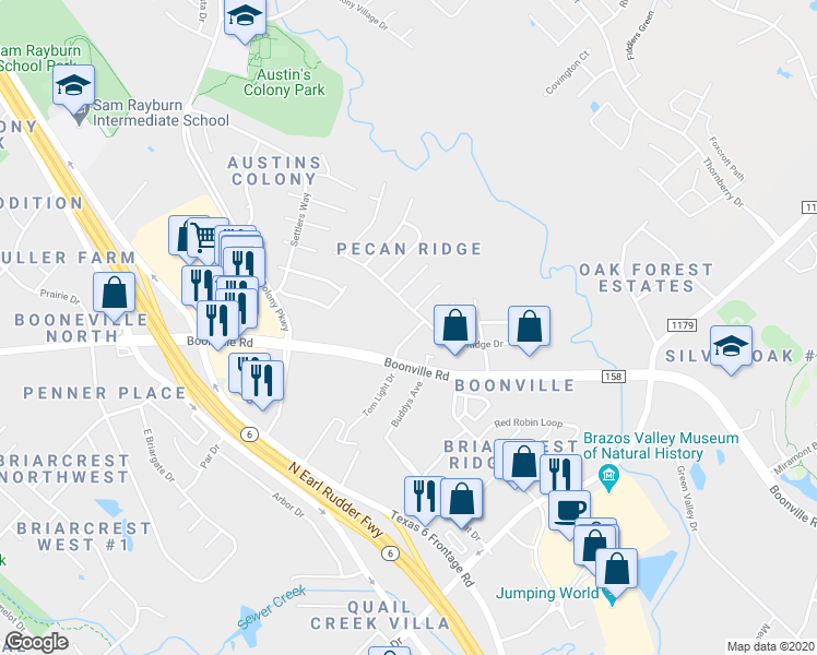 map of restaurants, bars, coffee shops, grocery stores, and more near 3504 Curtis Street in Bryan