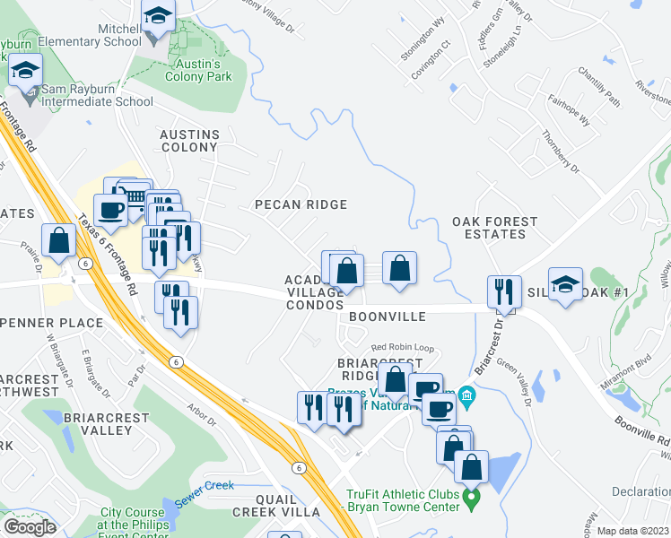 map of restaurants, bars, coffee shops, grocery stores, and more near 3602 Major Street in Bryan