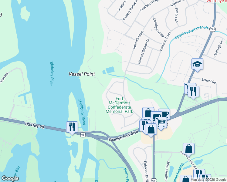 map of restaurants, bars, coffee shops, grocery stores, and more near 11 Cannonade Boulevard in Spanish Fort
