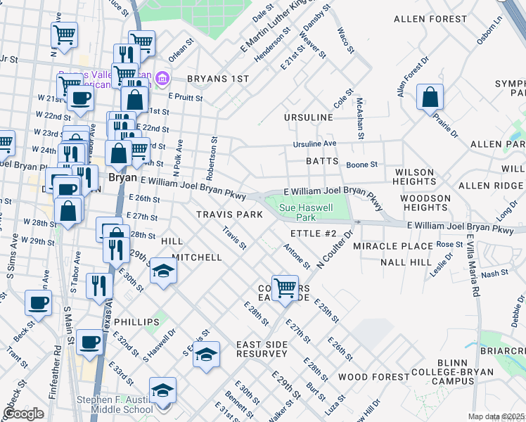 map of restaurants, bars, coffee shops, grocery stores, and more near 310 North Haswell Drive in Bryan