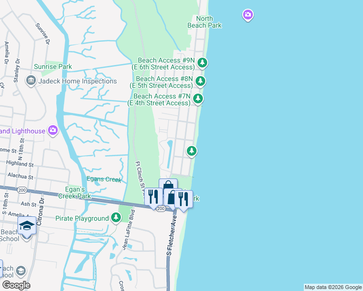 map of restaurants, bars, coffee shops, grocery stores, and more near 425 Ocean Avenue in Fernandina Beach