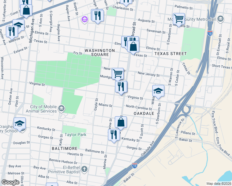 map of restaurants, bars, coffee shops, grocery stores, and more near 755 Marine Street in Mobile