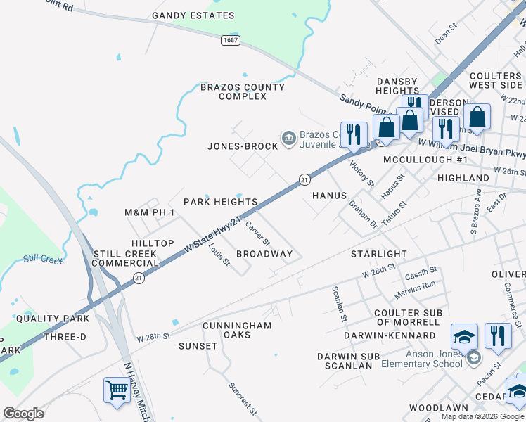 map of restaurants, bars, coffee shops, grocery stores, and more near 1507 Rochester Street in Bryan