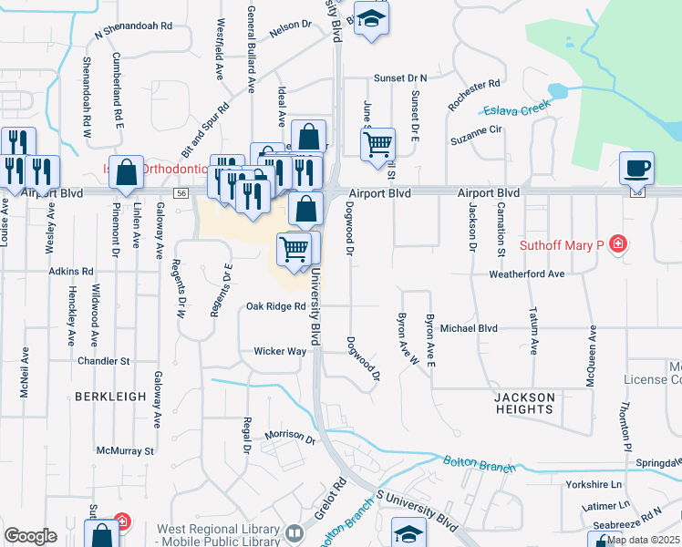 map of restaurants, bars, coffee shops, grocery stores, and more near 312 Dogwood Drive in Mobile