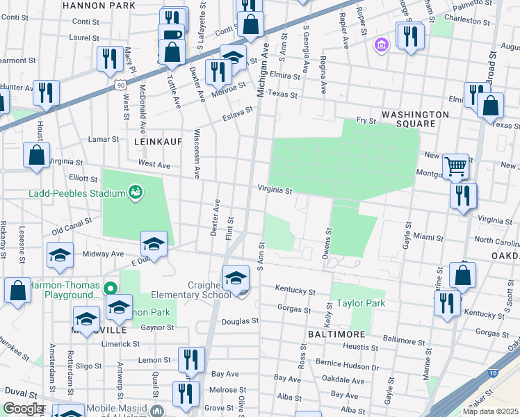 map of restaurants, bars, coffee shops, grocery stores, and more near 556 South Ann Street in Mobile