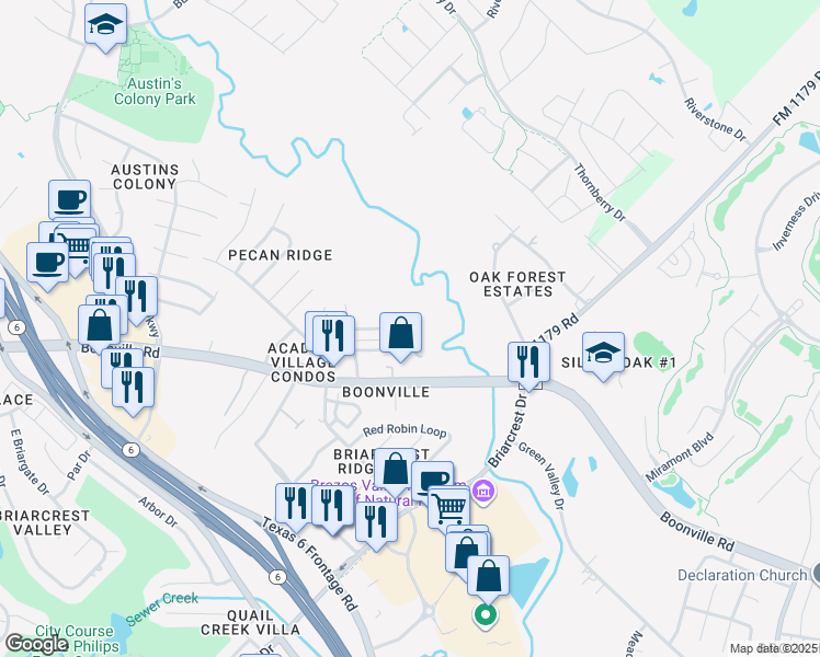 map of restaurants, bars, coffee shops, grocery stores, and more near 2613 Pecan Ridge Drive in Bryan