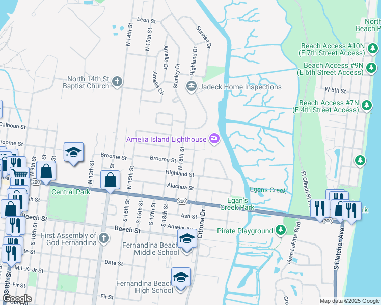 map of restaurants, bars, coffee shops, grocery stores, and more near 154 North 19th Street in Fernandina Beach
