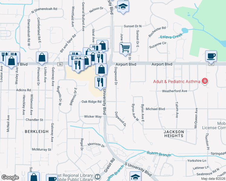 map of restaurants, bars, coffee shops, grocery stores, and more near 312 Dogwood Drive in Mobile