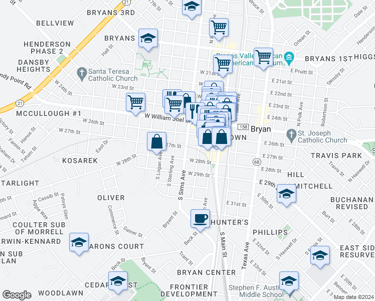 map of restaurants, bars, coffee shops, grocery stores, and more near 305 West 27th Street in Bryan