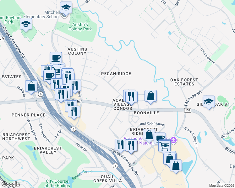 map of restaurants, bars, coffee shops, grocery stores, and more near 2434 Pecan Ridge Drive in Bryan