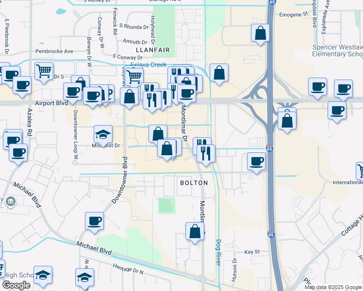 map of restaurants, bars, coffee shops, grocery stores, and more near 900 Montlimar Drive in Mobile