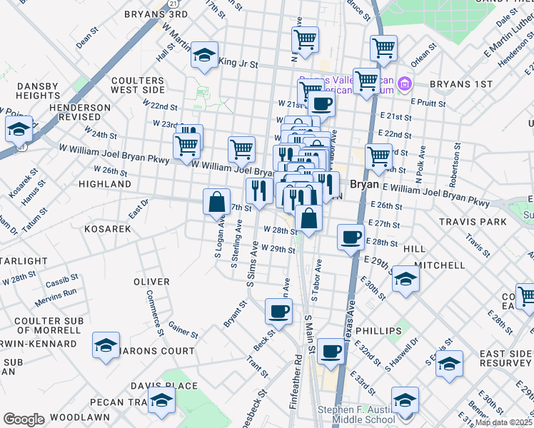 map of restaurants, bars, coffee shops, grocery stores, and more near 305 West 27th Street in Bryan